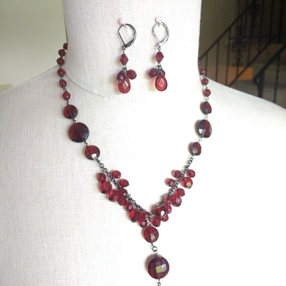 1928 Jewelry Red Y Necklace & Earings